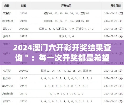 2024澳門六開彩開獎(jiǎng)結(jié)果查詢＂：每一次開獎(jiǎng)都是希望的延續(xù)
